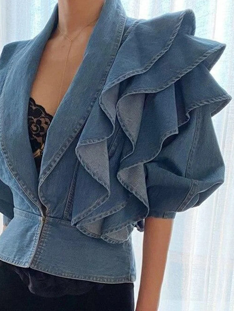 UR Fashion Plain Lapel Collar Spliced Ruffle Puff Sleeve Denim Shirt