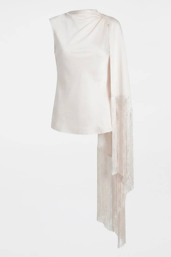 Cecilia Satin High Neck Irregular Draped Tassel Sleeveless Scarf Top