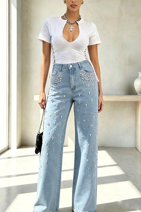 Janae Denim Pearl Beaded Detail Mid Waist Pocket Wide Leg Jeans