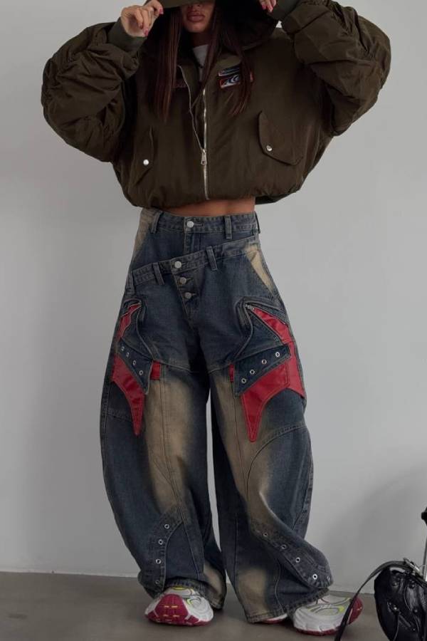 Vintage Washed Color‑Block Rivet Wide‑Leg Cargo Jeans