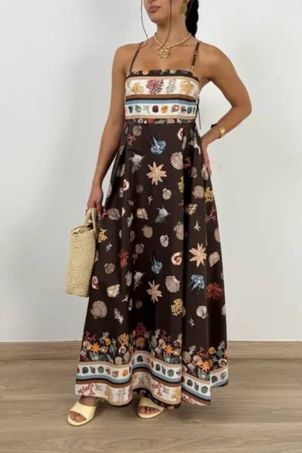 Ocean Shell Print Square Neck Smocked Back Swing Maxi Vacation Dress