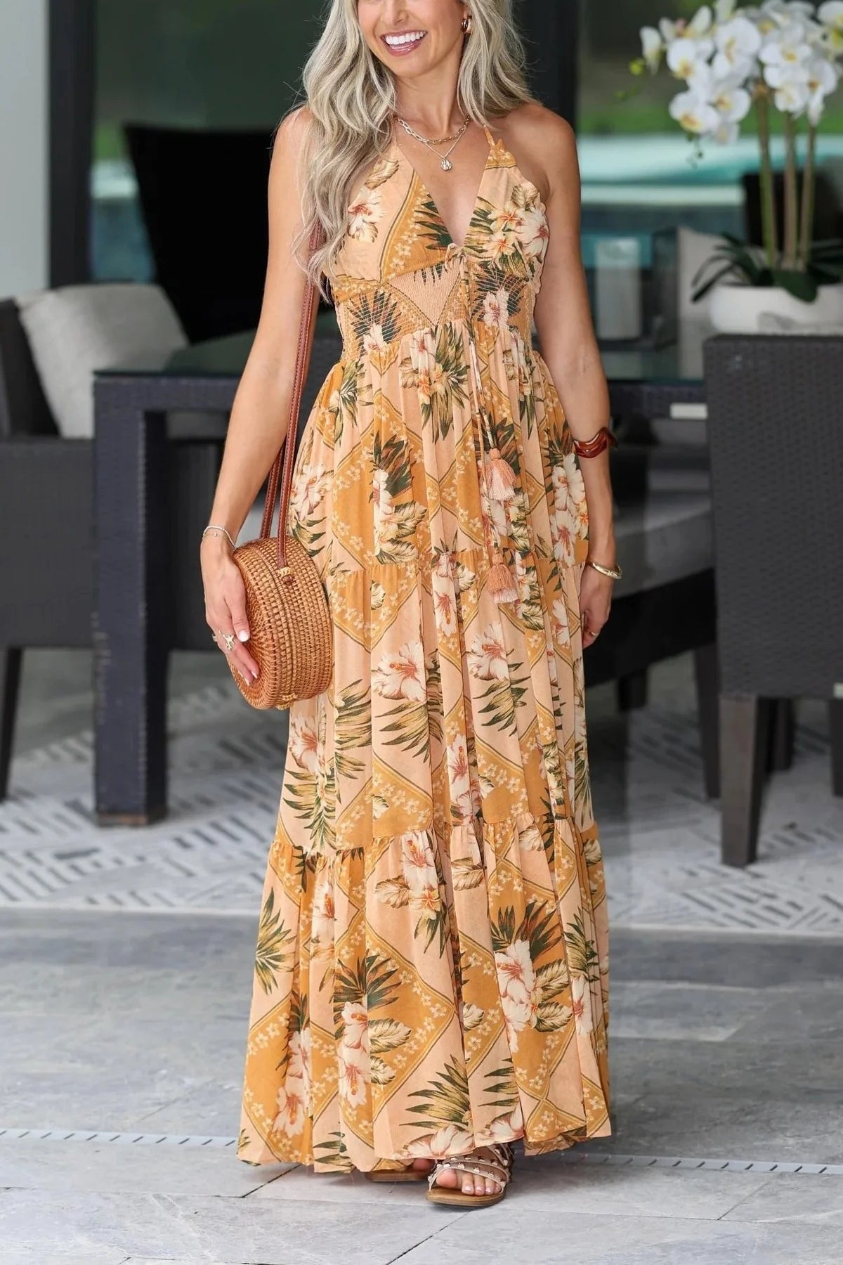 Tropical Hibiscus Halter Maxi Dress