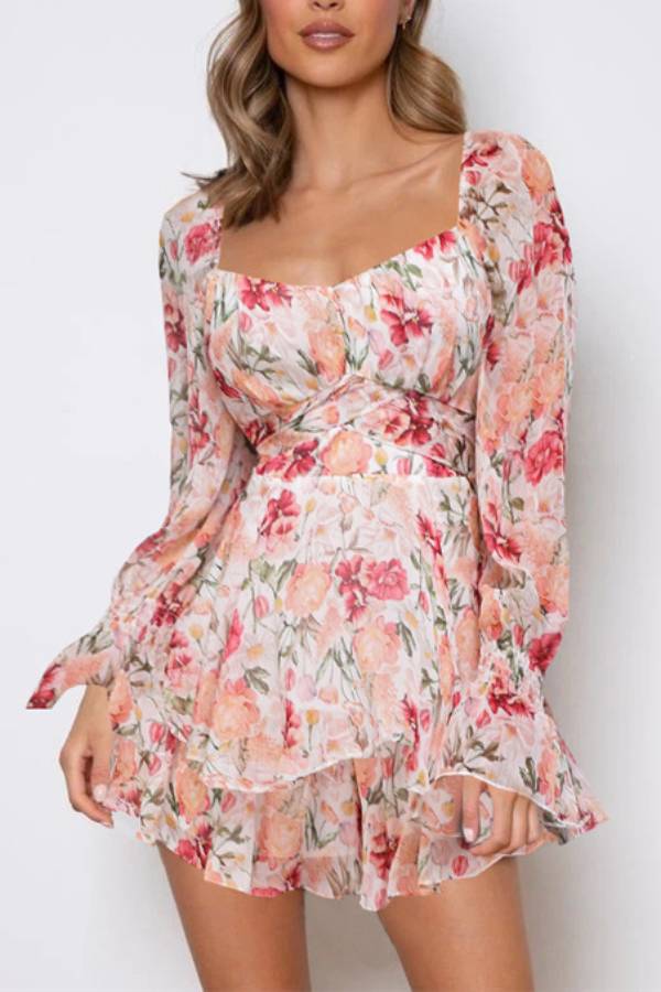 Square Neck Floral Long Sleeve Ruffle Romper