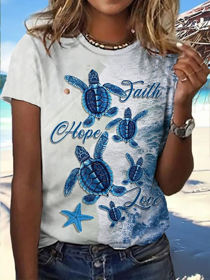 Women's Sea Turtle Print Beach Vacation Casual Tee