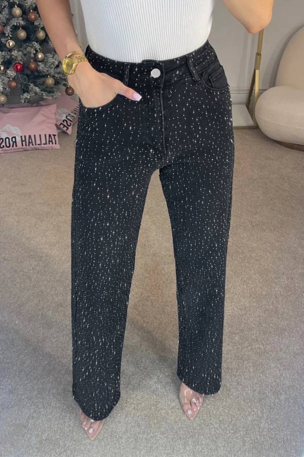 High‑Waisted Full Rhinestone Wide‑Leg Jeans