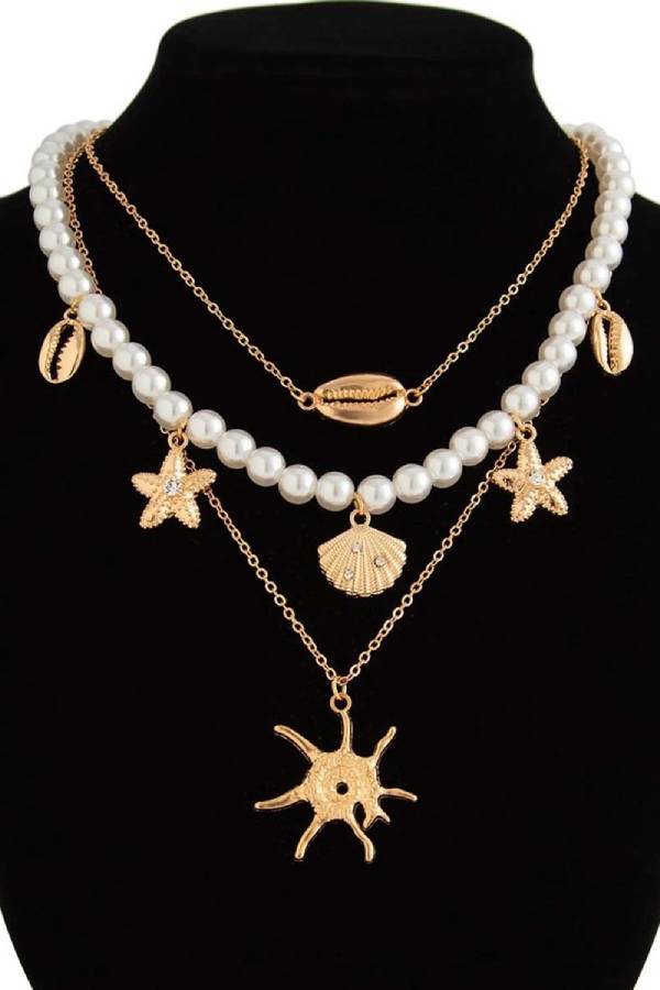 Bohemian Imitation Pearl Holiday Style Retro Starfish Shell Pendant Necklace Set