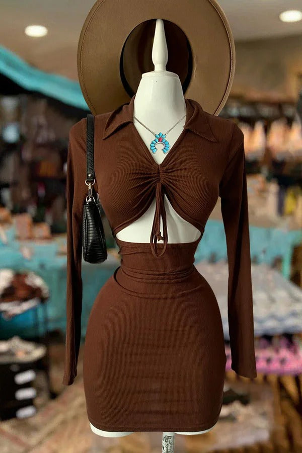 Beautiful V-Neck Hollow Long-Sleeved Dress