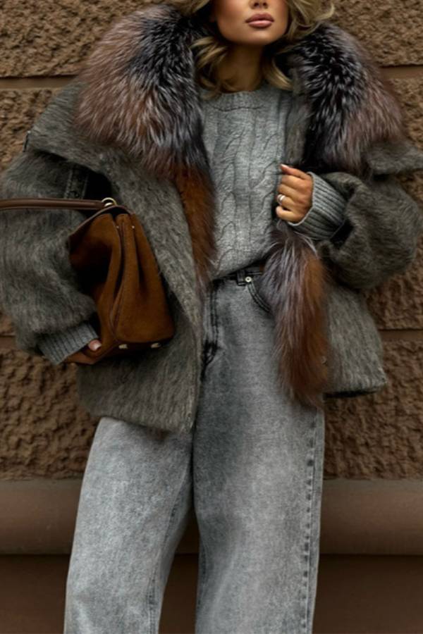 Short Hooded Wool Blend Coat With Large Fur Collar