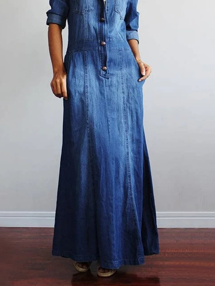 Denim Lapel Collar Long Sleeve Button Zipper Pocket Maxi Dress