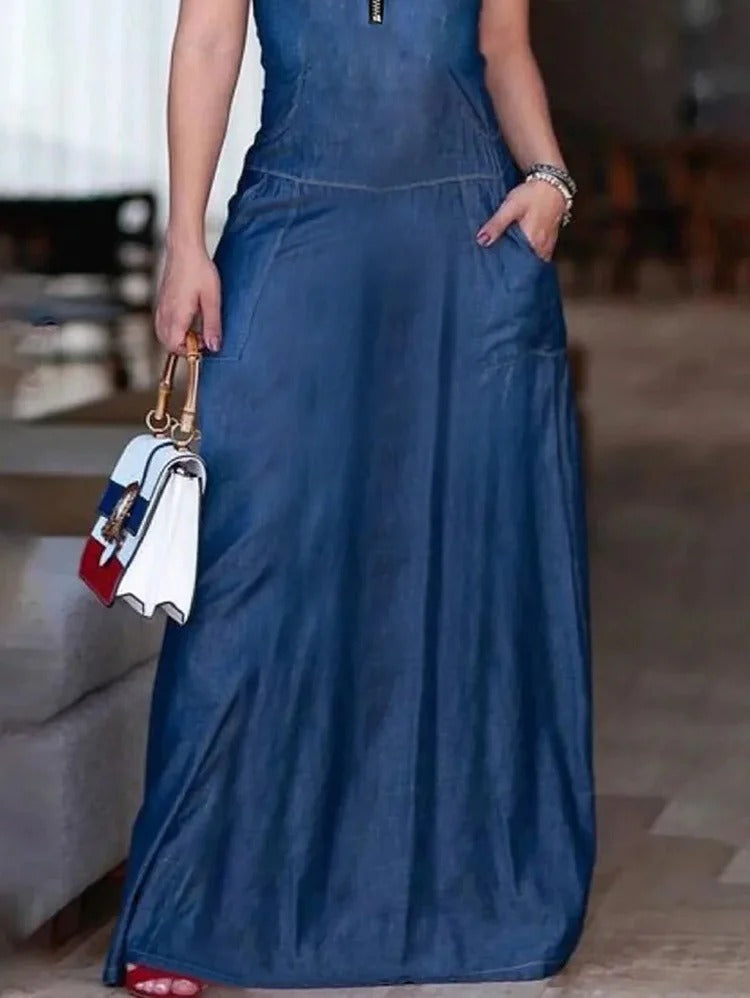 UR Fashion Plain Half Zipper Short Sleeve Denim Maxi Dress