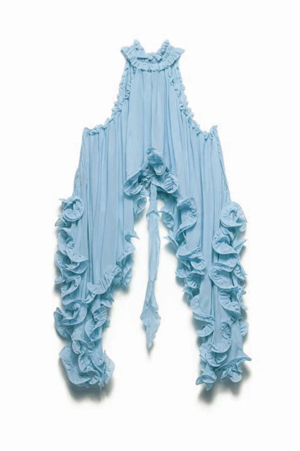 Zartes romantisches Drama Chiffon gewellte Rüschen Neckholder unregelmäßiges A-Linien-Top