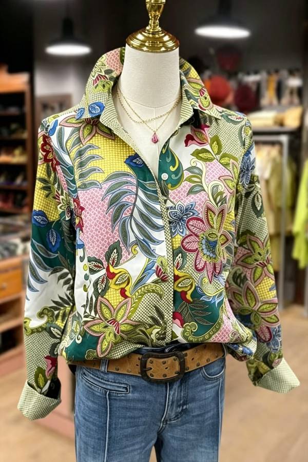 Multi Floral Print Collared Long Sleeve Blouse