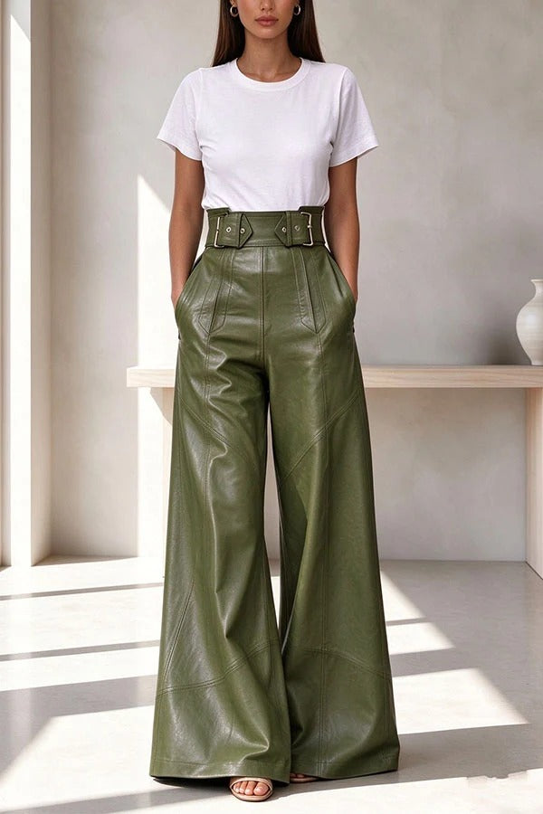Stylish PU Leather Pleated Metal Belted Pocket Wide Leg Pants