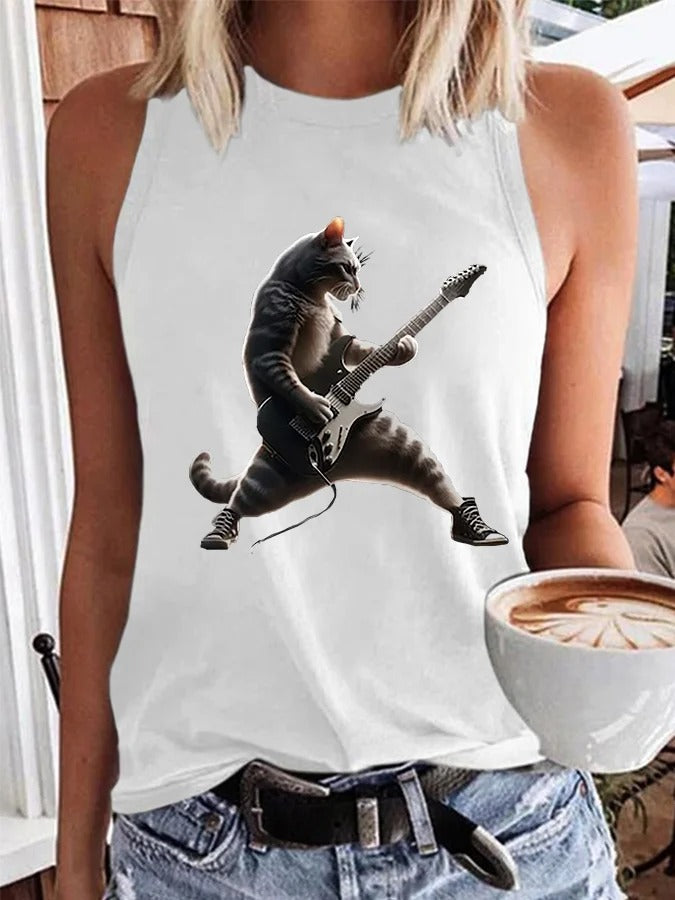 Women's Rock Cat Playing Guitar Casual Vest