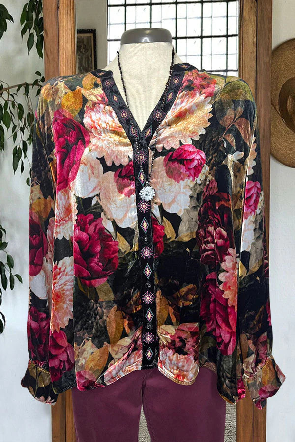 Beautiful Rose Pattern Velvet Shirt