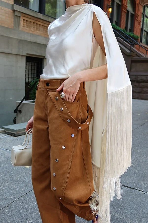 Cecilia Satin High Neck Irregular Draped Tassel Sleeveless Scarf Top