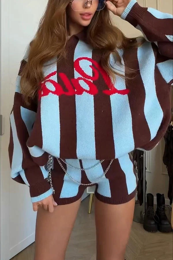 Stripe Letter Embroidered Knit Two‑Piece Set