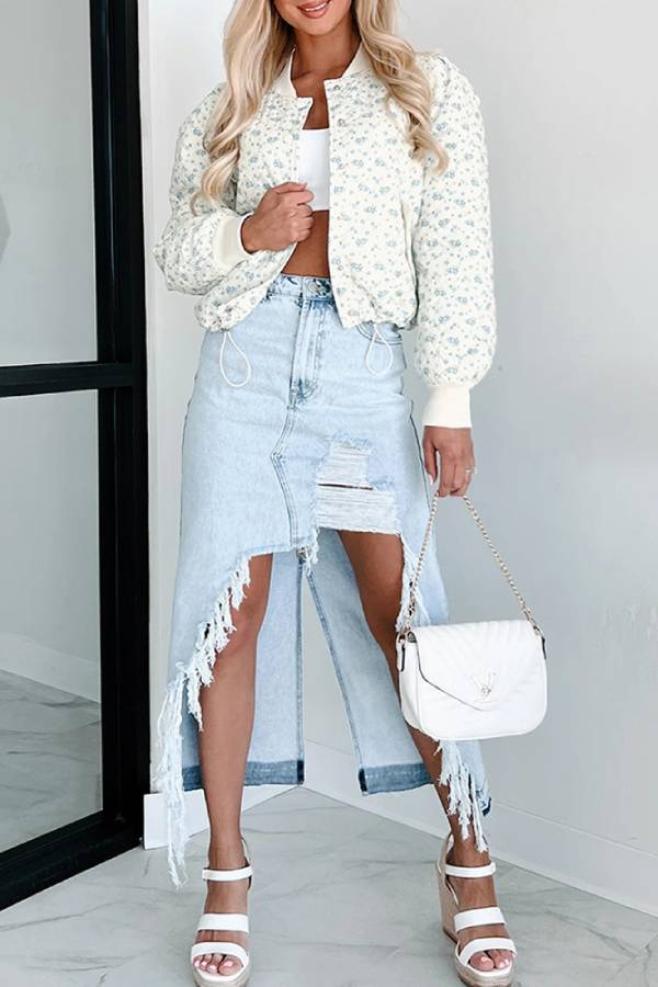 High-Waisted Distressed Frayed Slit Denim Midi Skirt