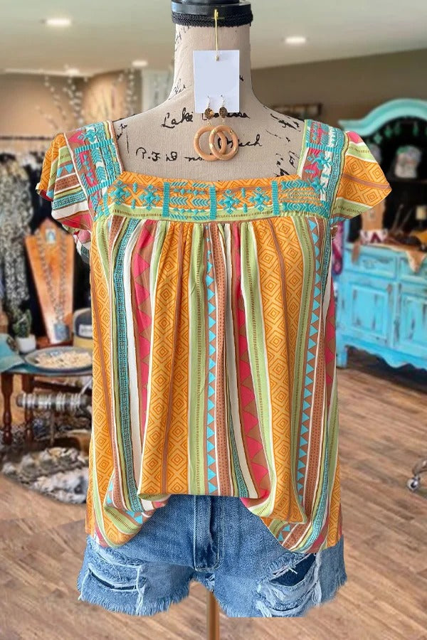 Colorful Graphic Print Square Neck Top