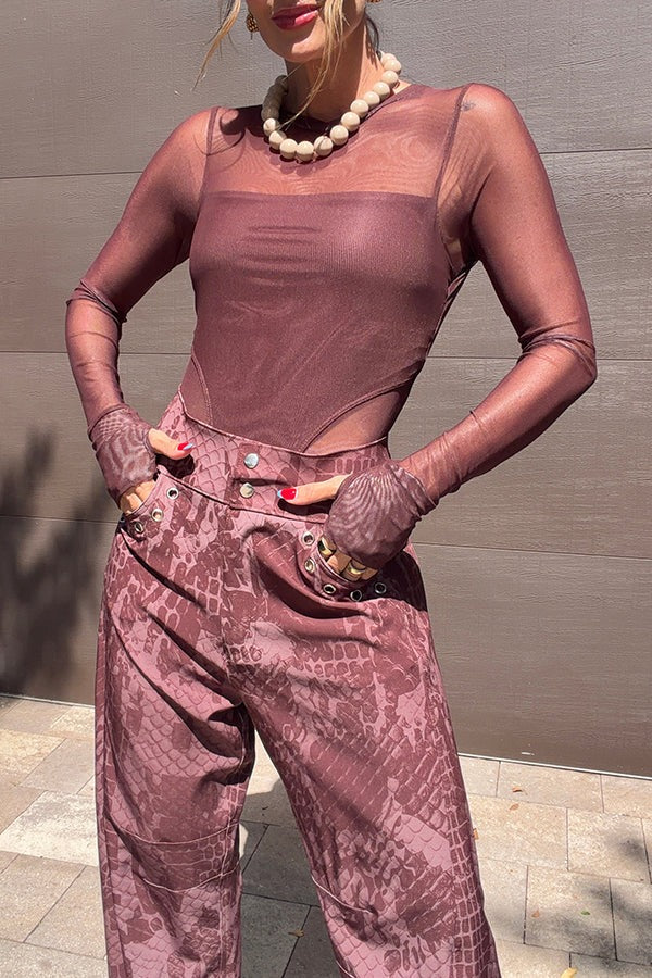 Free Moment Mesh Crew Neck Long Sleeve Stretch Bodysuit