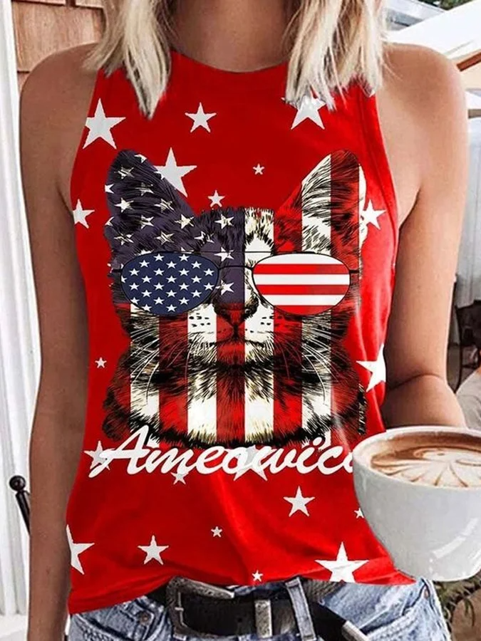 Women's Independence Day flag cat Print Casual Vest