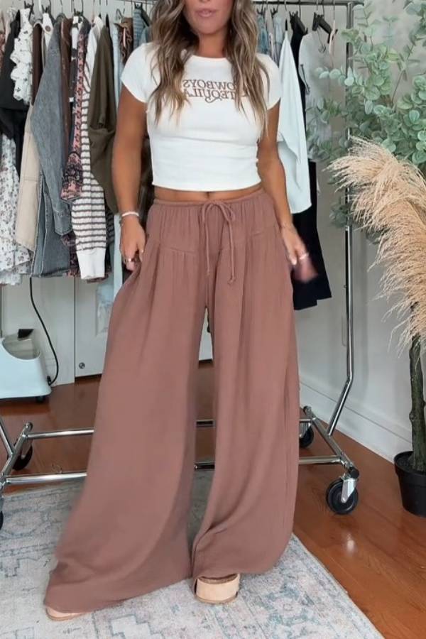 Relaxed Linen-Style Drawstring Wide-Leg Pants
