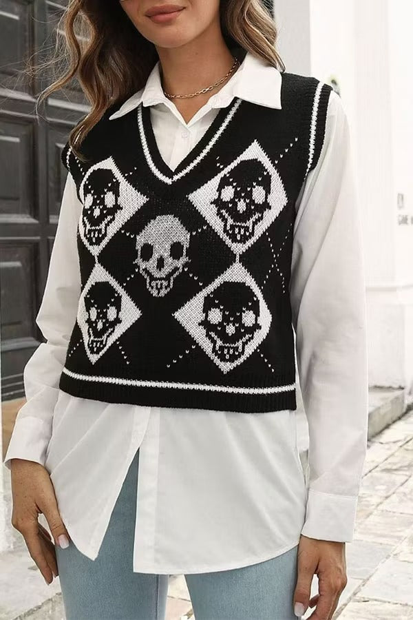 Halloween Skull Argyle Knit Sweater Vest