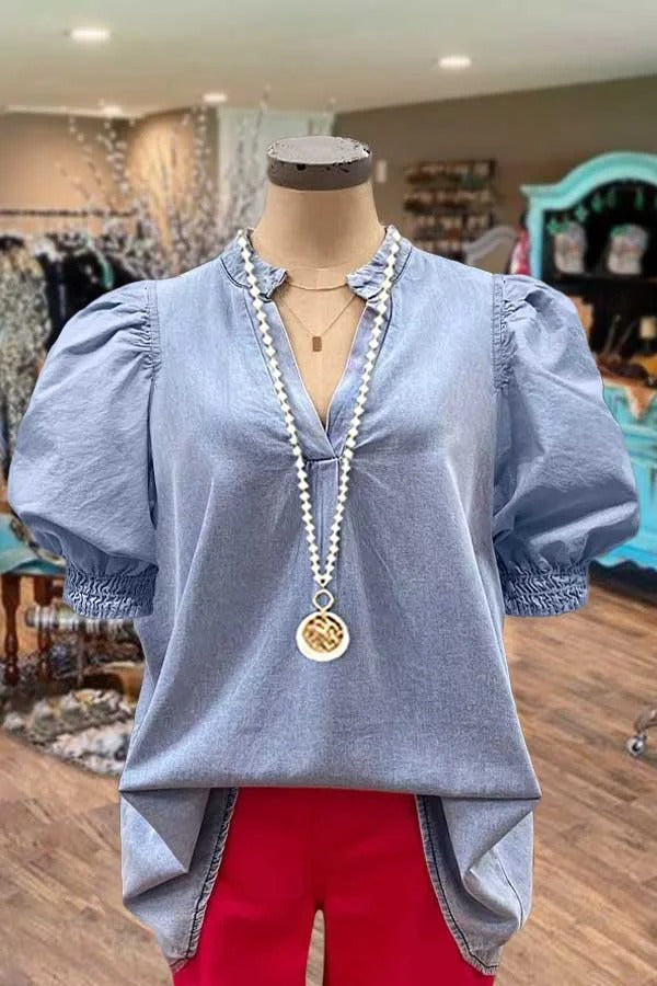 Elegant Puff Sleeve V-Neck Washed Denim Top