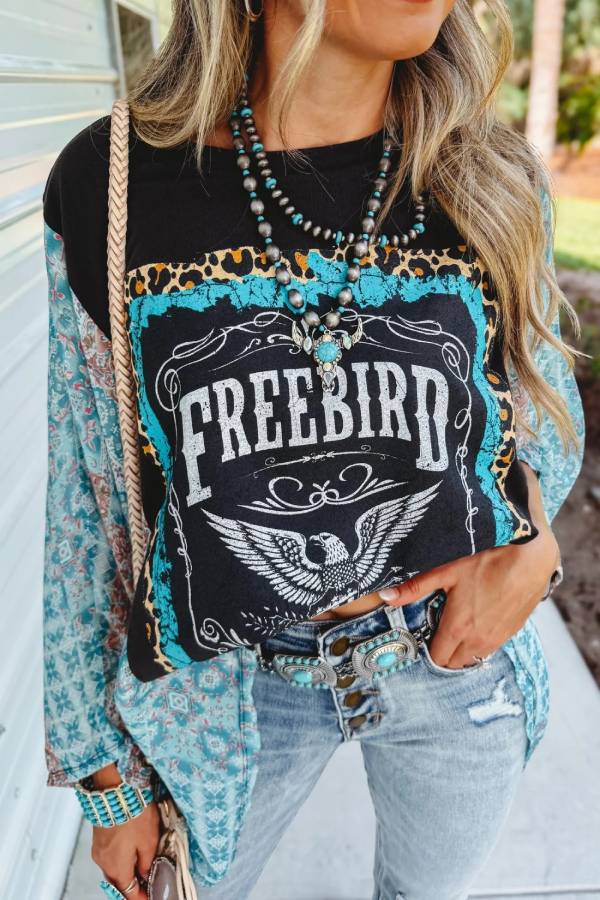 Freebird Eagle Graphic Print Spliced Wide Sleeve Western T-shirt