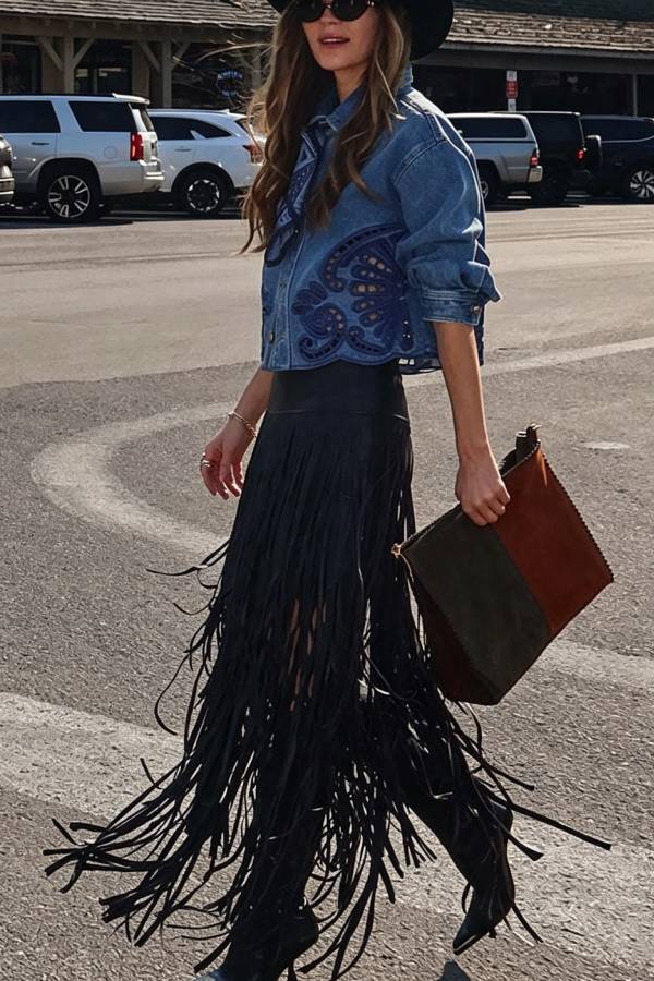 Karoline Denim Embroidered Flower Cutout Design Button Long Sleeve Jacket