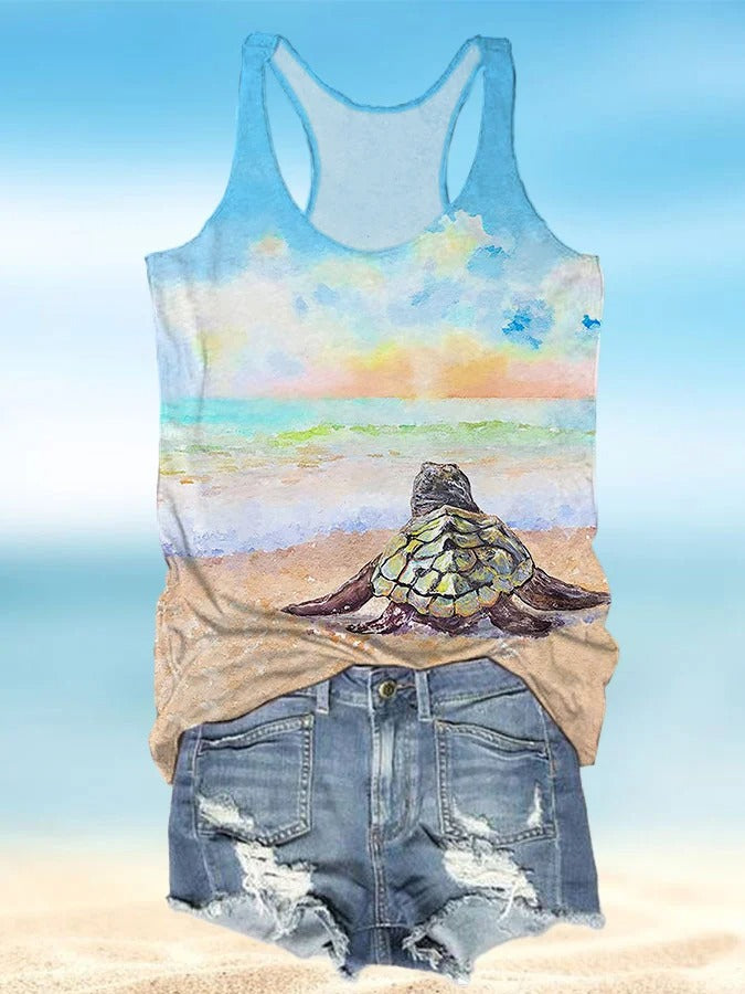 Women's Vacation Turtle Print Casual Crew Neck Tank Top