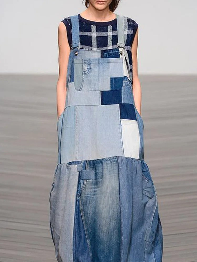 UR Casual Blue Spliced Denim Pinafore Maxi Dress