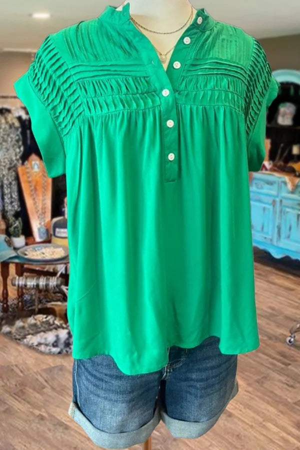 Solid Pleated Button Down Cap Sleeve Top