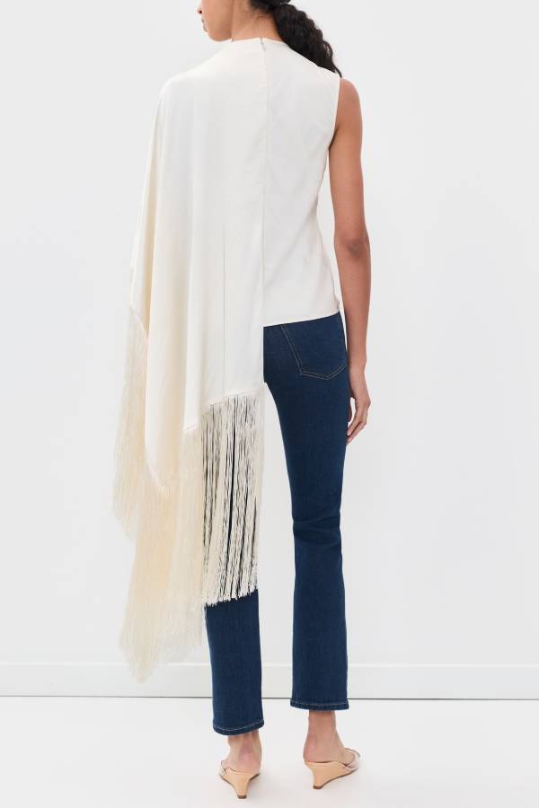 Cecilia Satin High Neck Irregular Draped Tassel Sleeveless Scarf Top