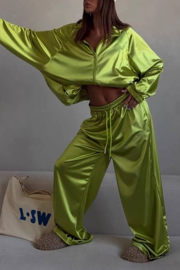 Shiny Satin Cropped Zip Jacket Wide Leg Track Pants Two Piece Y2K Casual Co-Ord Set