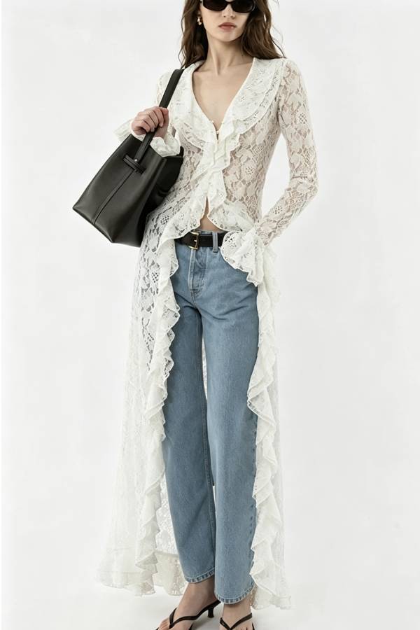 Vivianna Floral Lace Ruffles Trim Long Bell Sleeve Lapel Maxi Dress