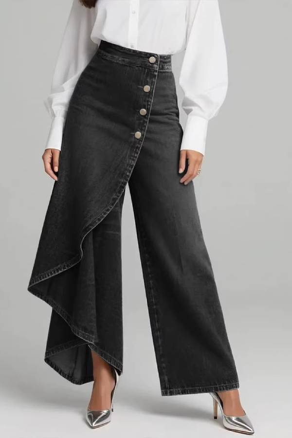 Asymmetric Overlay Button Wide‑Leg Culottes