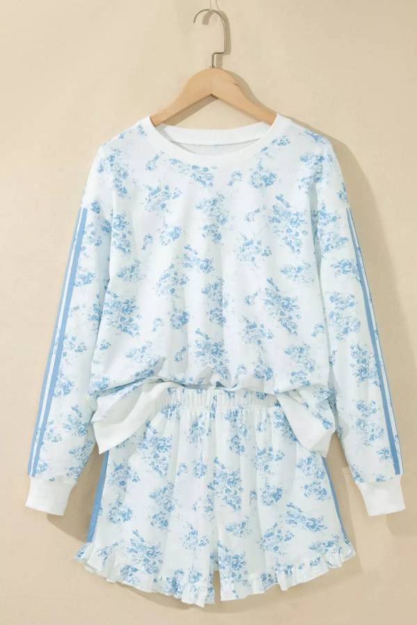 Floral Print Long Sleeve Sweatshirt and Shorts Set
