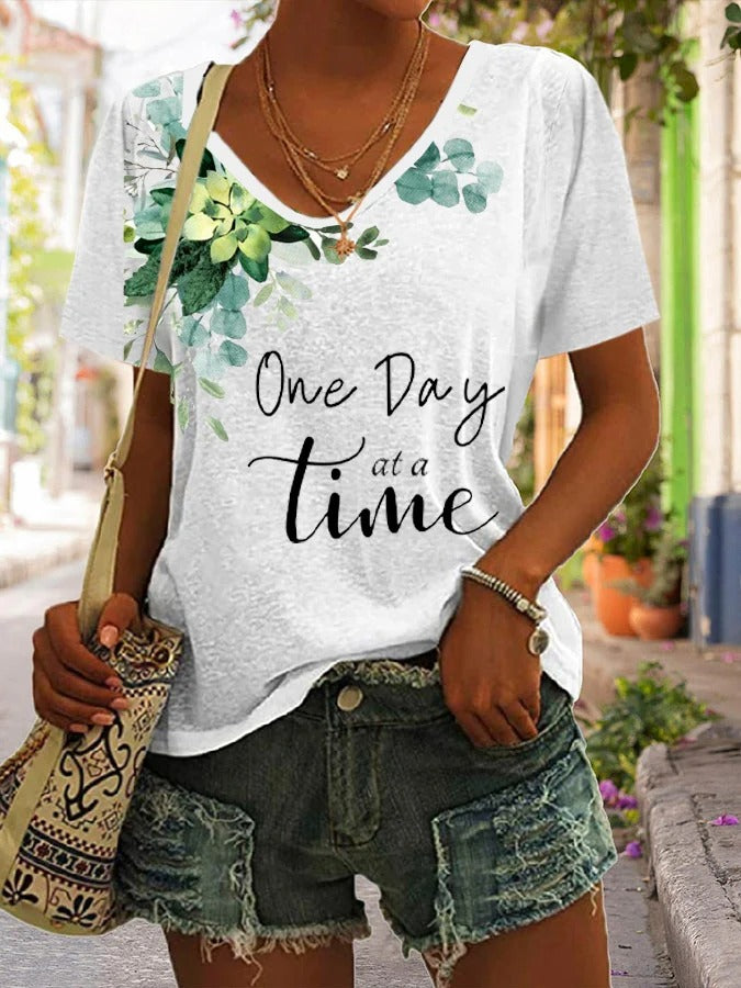Womens One Day At A Time Mental Health Awareness Print V Neck T-Shirt