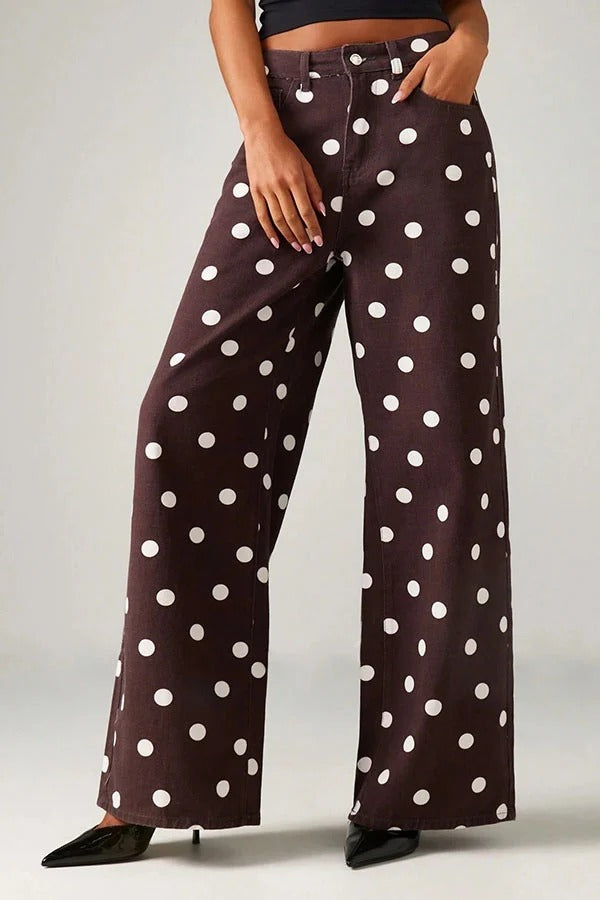 Retro Style Polka Dot Print High Waist Pocketed Wide Leg High Waisted Jeans