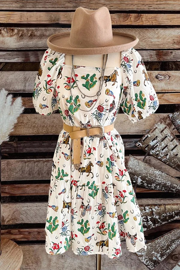Pretty Western Cowgirl Printed Puff Sleeve Dress