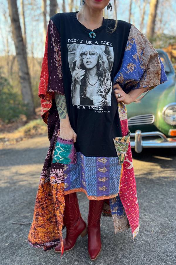 Stevie Nicks Kantha Patchwork Batwing Sleeve Long Rock Tee Dress