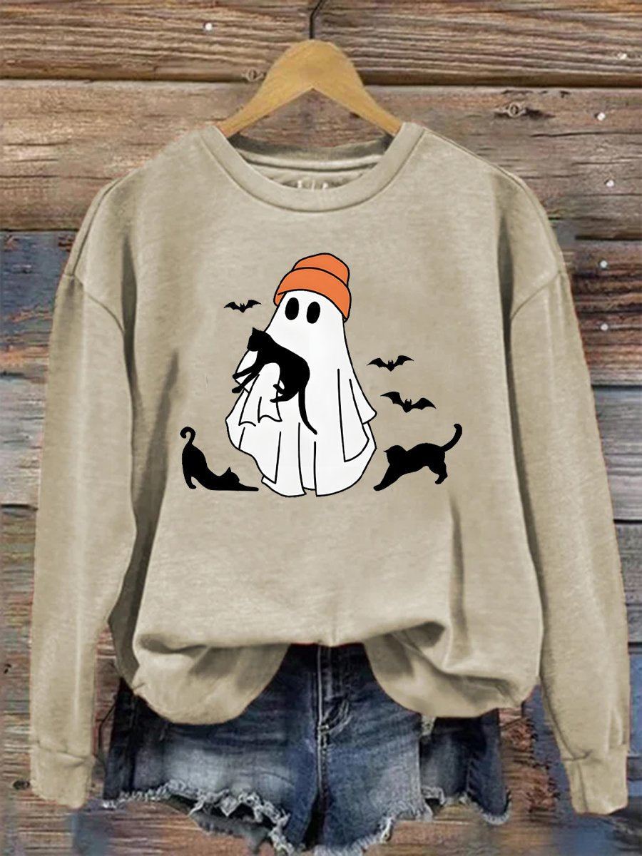 Sweat-shirt décontracté imprimé chat noir et fantôme d'Halloween