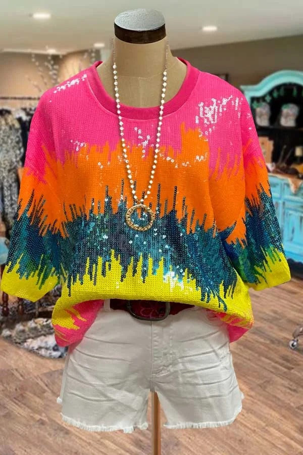 Multi Color Sequins Drop Shoulder Top