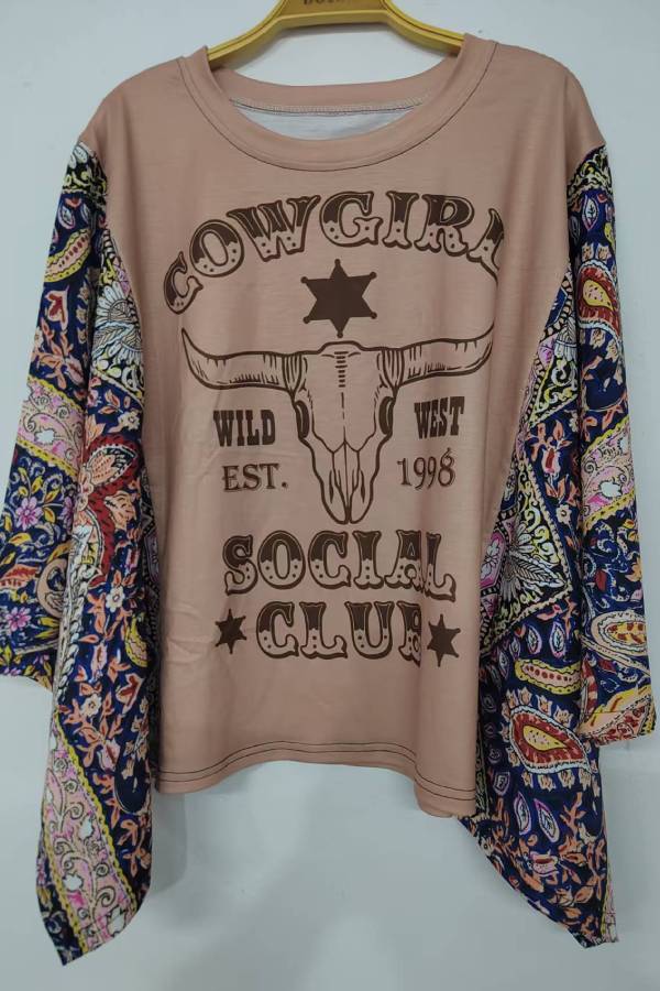 Western Bull Skull Print Patchwork Sleeve Top