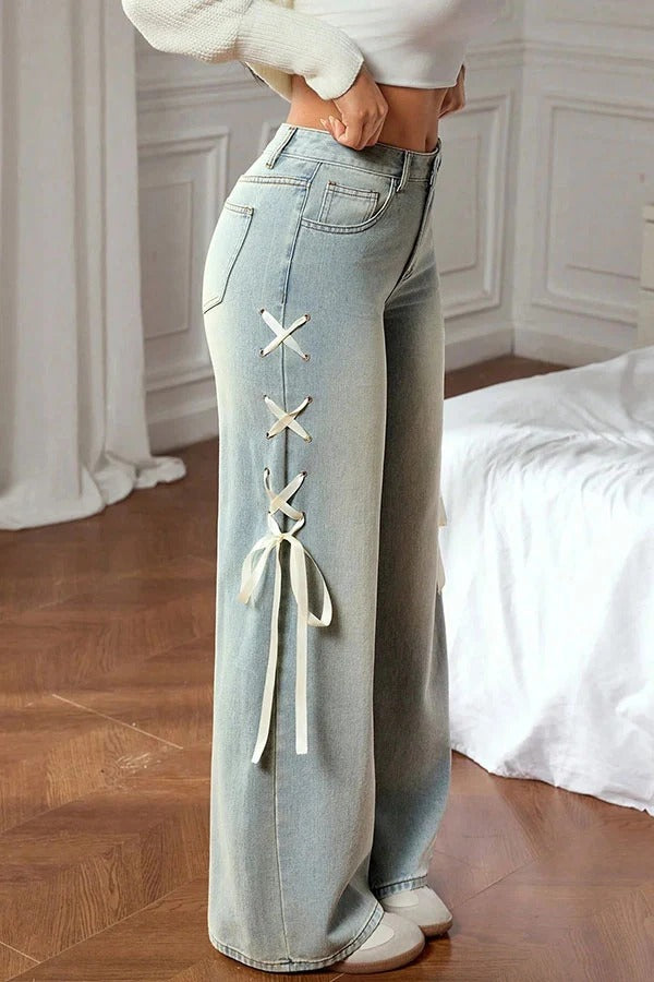 Fashionable Denim Mid Rise Side Ribbon Lace-up Pocket Wide Leg Jeans