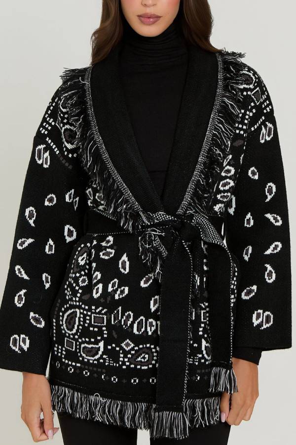 Bohemian Fringe Tie‑Waist Knit Cardigan Coat