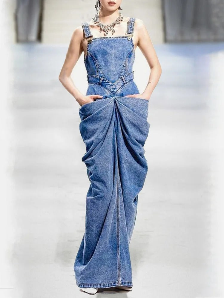 Fashion Buckle Sleeveless Ruched Design Denim Maxi Dress