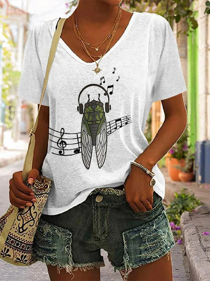 Women's The Great Cicada Comeback Tour 2024 Year Of The Cicada Print V-Neck T-Shirt