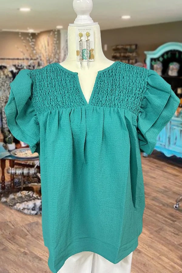 Solid Smocked V-Neck Layered Ruffle Sleeve Top